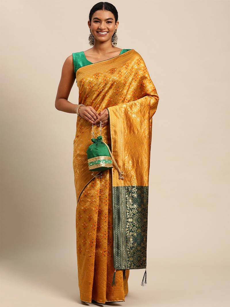 yellow cotton silk blend banarasi bandhani fusion style woven