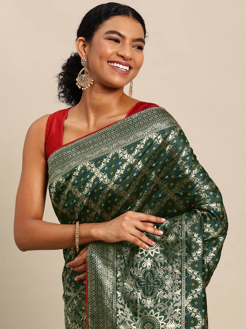bottle green cotton silk blend banarasi bandhani fusion style woven