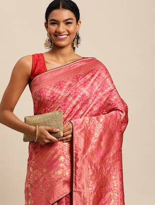 hot pink cotton silk blend banarasi bandhani fusion style woven 2