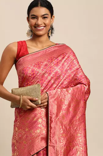 hot pink cotton silk blend banarasi bandhani fusion style woven