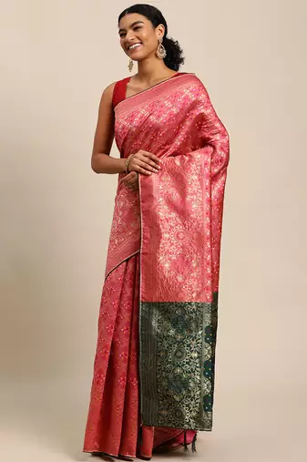 hot pink cotton silk blend banarasi bandhani fusion style woven