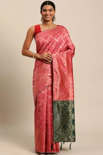 hot pink cotton silk blend banarasi bandhani fusion style woven