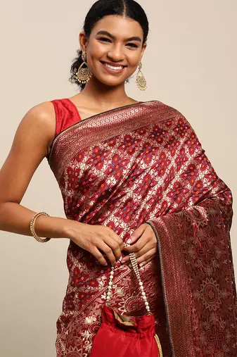 maroon cotton silk blend banarasi bandhani fusion style woven