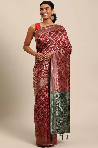 maroon cotton silk blend banarasi bandhani fusion style woven