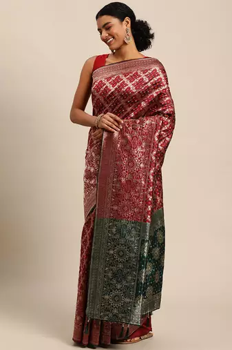 maroon cotton silk blend banarasi bandhani fusion style woven