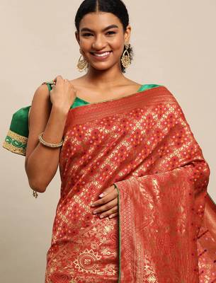 red cotton silk blend banarasi bandhani fusion style woven 2