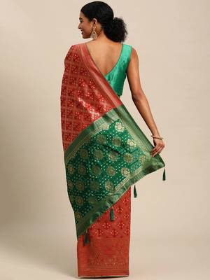 red cotton silk blend banarasi bandhani fusion style woven 3