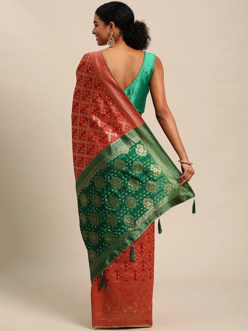 red cotton silk blend banarasi bandhani fusion style woven