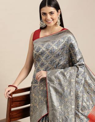 grey cotton silk blend banarasi bandhani fusion style woven 2