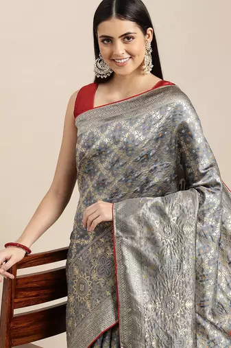 grey cotton silk blend banarasi bandhani fusion style woven
