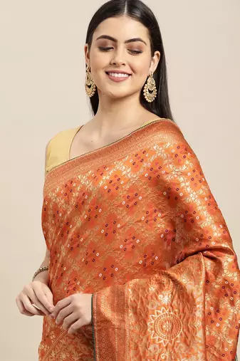 orange cotton silk blend banarasi bandhani fusion style woven