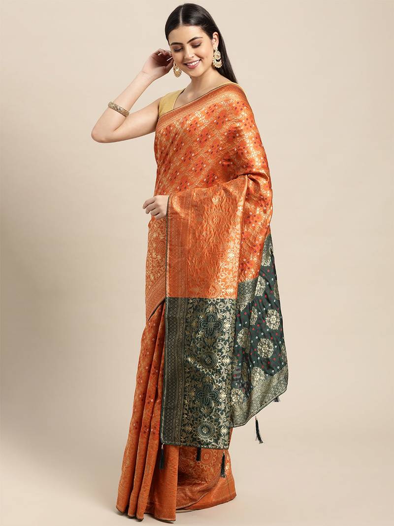 orange cotton silk blend banarasi bandhani fusion style woven
