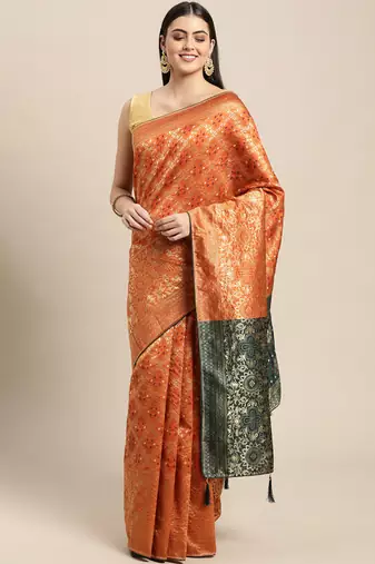 orange cotton silk blend banarasi bandhani fusion style woven