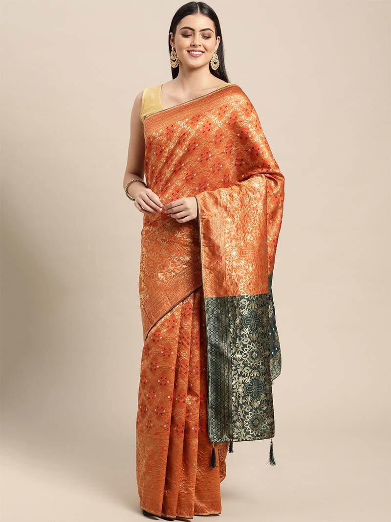 orange cotton silk blend banarasi bandhani fusion style woven