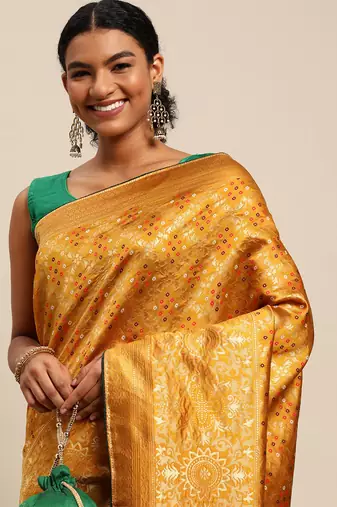yellow cotton silk blend banarasi bandhani fusion style woven