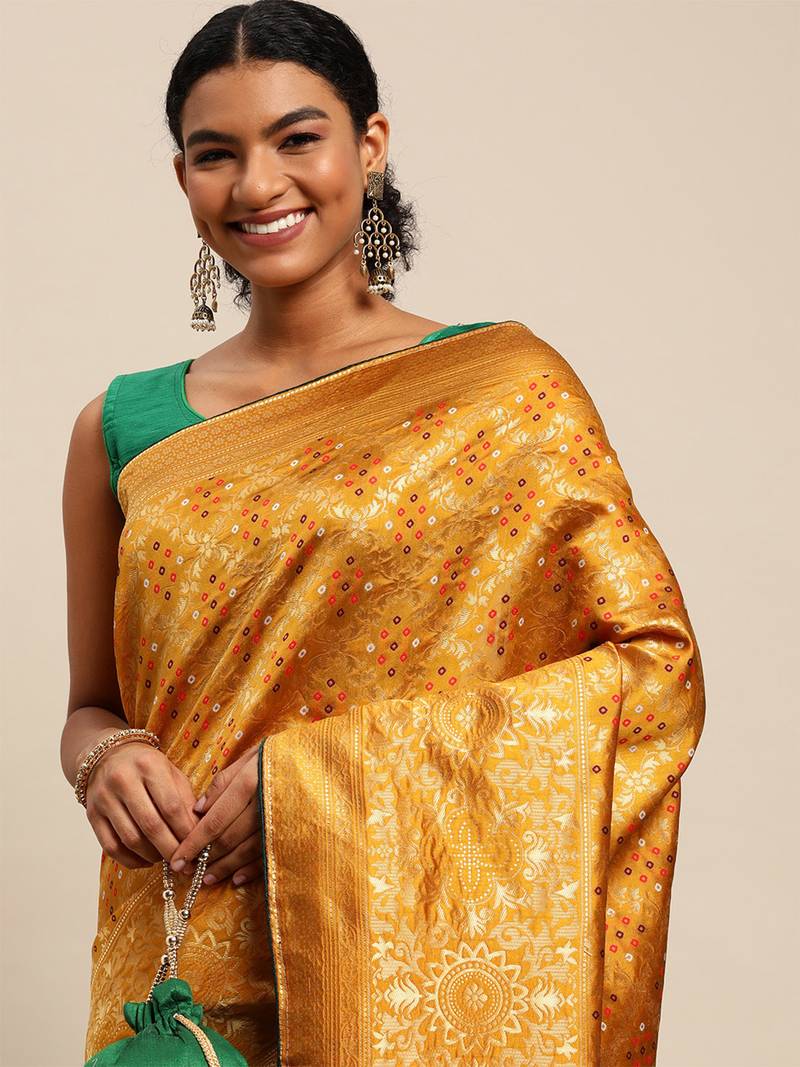 yellow cotton silk blend banarasi bandhani fusion style woven
