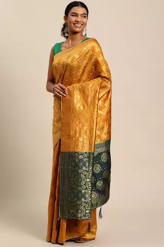 yellow cotton silk blend banarasi bandhani fusion style woven