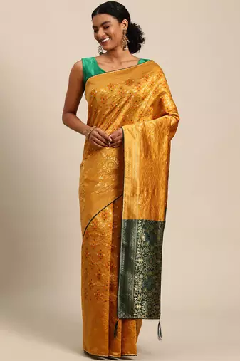 yellow cotton silk blend banarasi bandhani fusion style woven