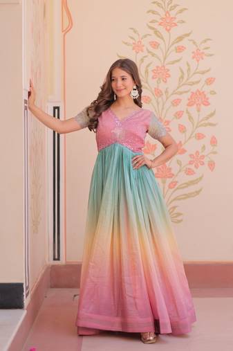 Peach Gold Crush Printed Gown with Beads Embroidery