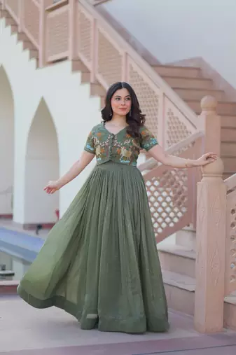 Green embroidered Silk Blend Gown