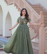 Green embroidered Silk Blend Gown