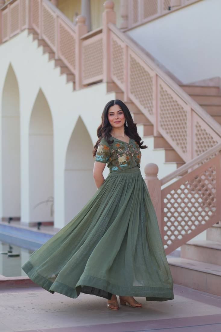 Green embroidered Silk Blend Gown