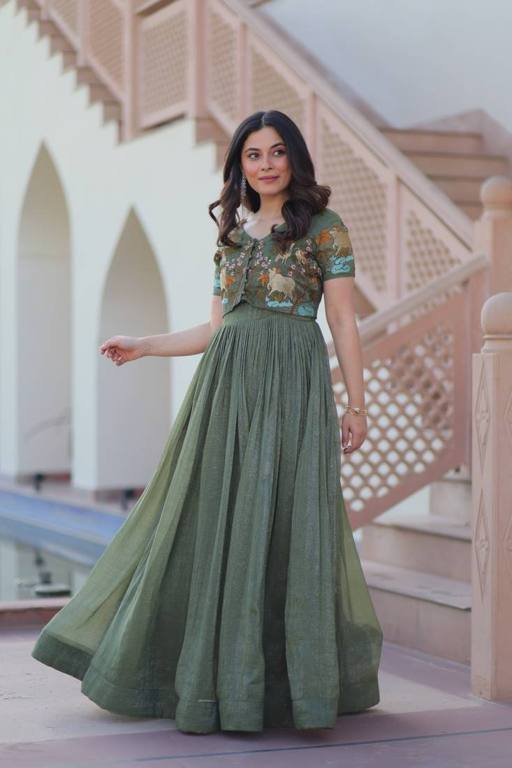 Green embroidered Silk Blend Gown