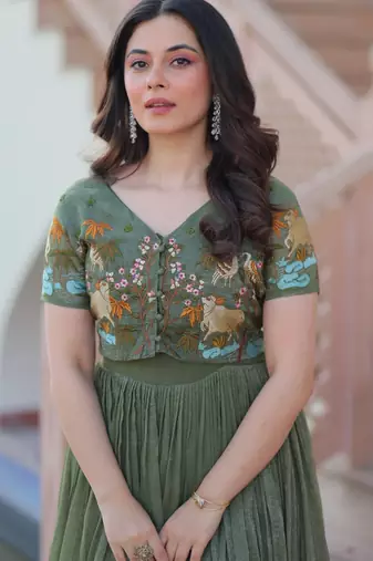 Green embroidered Silk Blend Gown