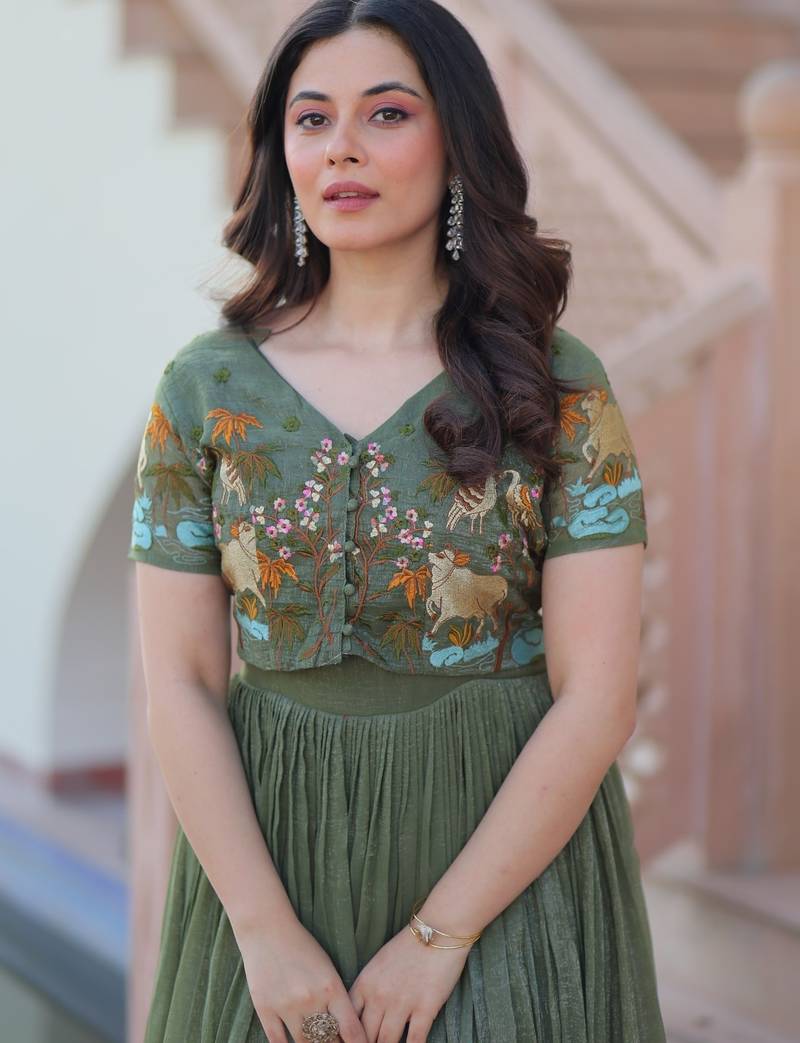 Green embroidered Silk Blend Gown