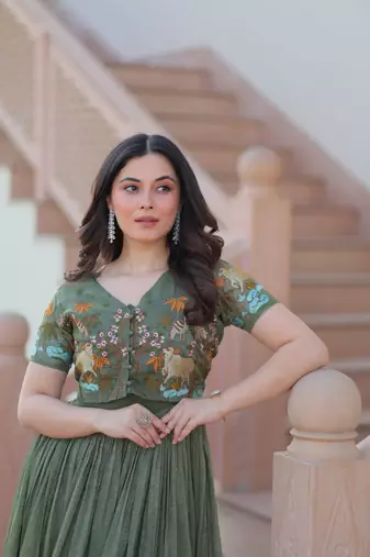 Green embroidered Silk Blend Gown