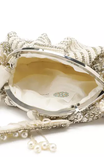 opal thread pearl white & silver pearl embellished velvet clutch