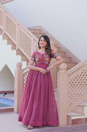Onion Pink Embroidered Gown with Crunchy Silver Finish | Elegant Partywear Gown for Women