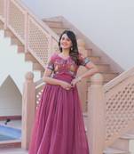 Onion Pink Embroidered Gown with Crunchy Silver Finish | Elegant Partywear Gown for Women