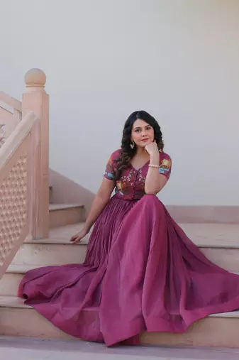 Onion Pink Embroidered Gown with Crunchy Silver Finish | Elegant Partywear Gown for Women