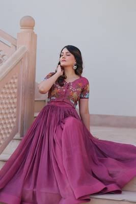 Onion Pink Embroidered Gown with Crunchy Silver Finish | Elegant Partywear Gown for Women 4