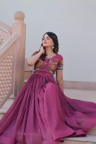 Onion Pink Embroidered Gown with Crunchy Silver Finish | Elegant Partywear Gown for Women