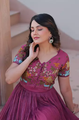 Onion Pink Embroidered Gown with Crunchy Silver Finish | Elegant Partywear Gown for Women