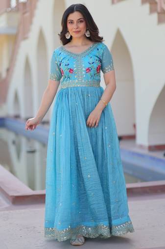 Sky Blue Gold Crush Gown with Zari & Sequin Embroidery | Fully Stitched Elegant Partywear Gown for Women