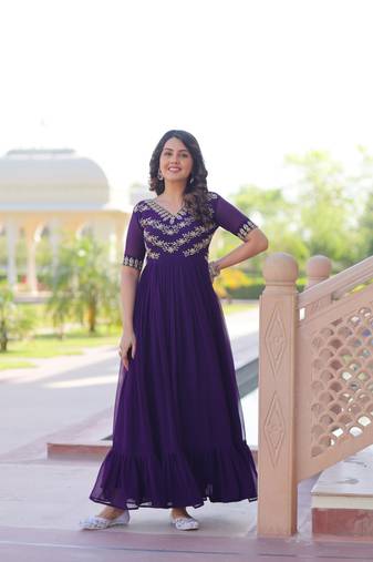 Purple Faux Blooming Fabric Gown with Bead & Sequin Embroidery | Fully Stitched Elegant Partywear Gown for Women