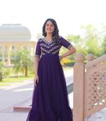 Purple Faux Blooming Fabric Gown with Bead & Sequin Embroidery | Fully Stitched Elegant Partywear Gown for Women