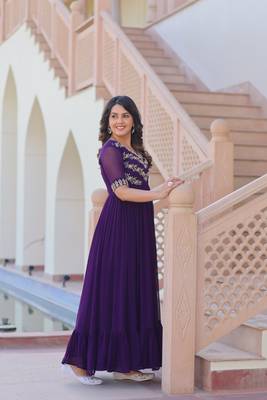 Purple Faux Blooming Fabric Gown with Bead & Sequin Embroidery | Fully Stitched Elegant Partywear Gown for Women 2