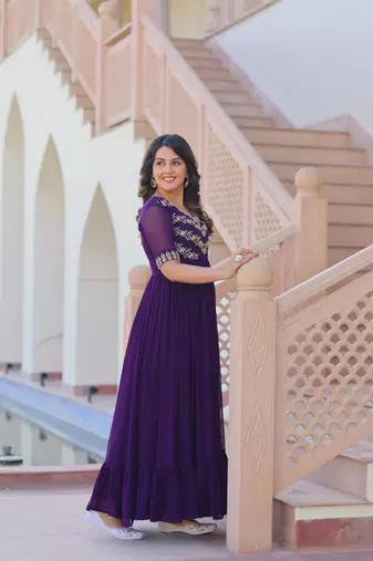 Purple Faux Blooming Fabric Gown with Bead & Sequin Embroidery | Fully Stitched Elegant Partywear Gown for Women