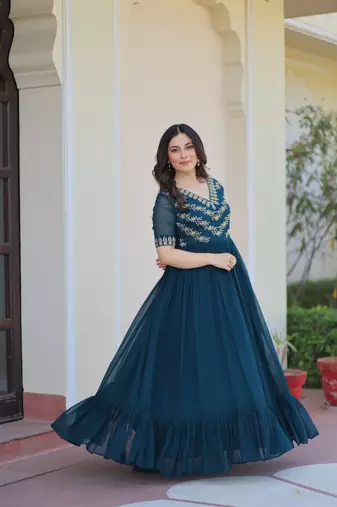 Rama Green Faux Blooming Gown with Bead & Sequin Embroidery | Fully Stitched Women’s Partywear Gown