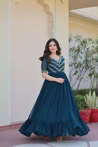 Rama Green Faux Blooming Gown with Bead & Sequin Embroidery | Fully Stitched Women’s Partywear Gown