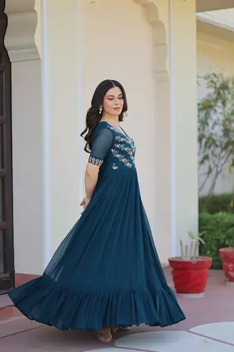 Rama Green Faux Blooming Gown with Bead & Sequin Embroidery | Fully Stitched Women’s Partywear Gown