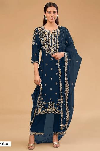 Navy vichitra semi stitched suit with embroidered & multi thread zari work
