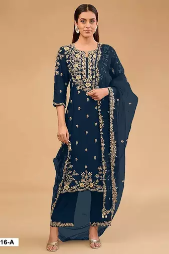 Navy vichitra semi stitched suit with embroidered & multi thread zari work