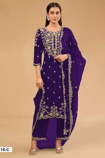 D blue vichitra semi stitched suit with embroidered & multi thread zari work