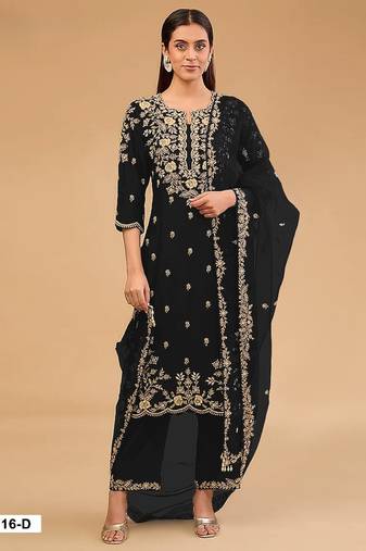 Black vichitra semi stitched suit with embroidered & multi thread zari work