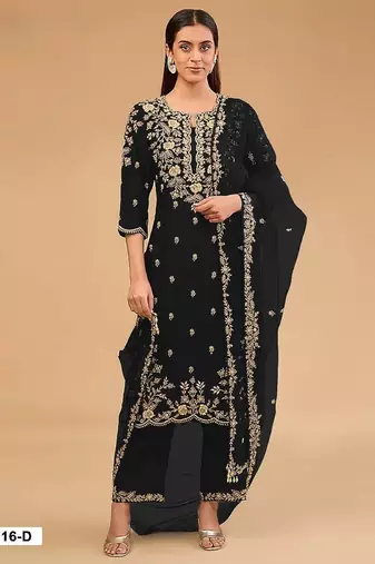 Black vichitra semi stitched suit with embroidered & multi thread zari work